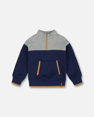 Quilted Half Zip Top Blue And Gray