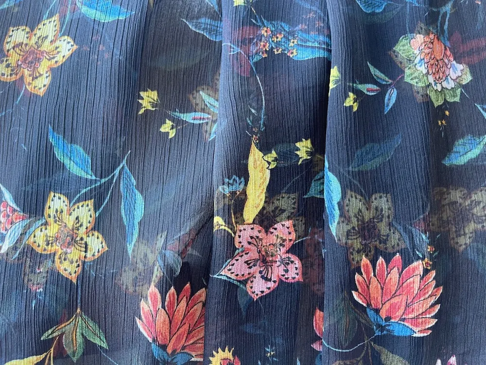 Semi-Sheer Springtime Maize, Cora & Bronze Meadow Flowers on Black Polyester Chiffon (Made in Italy)