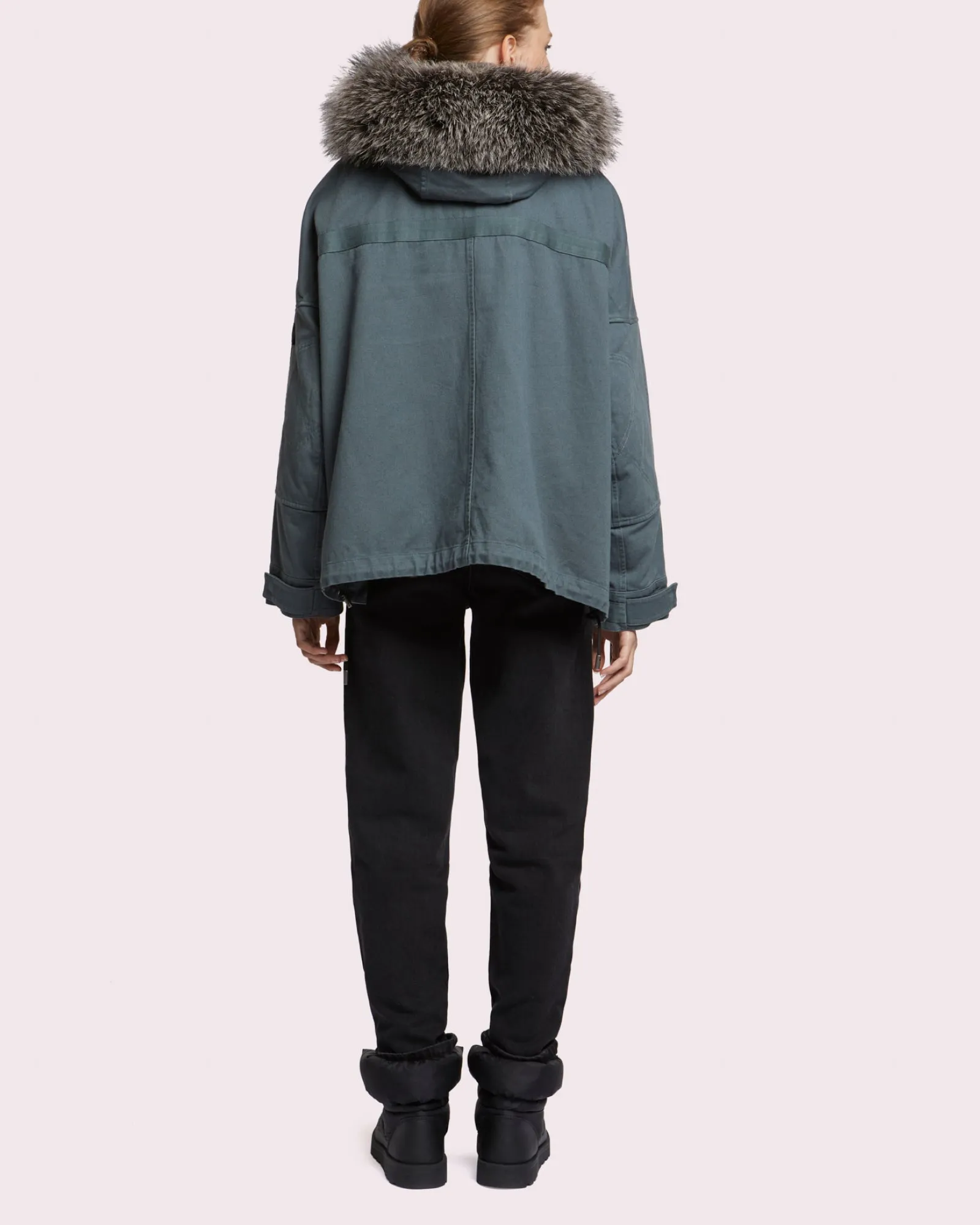 Short parka in cotton with fox and rabbit fur