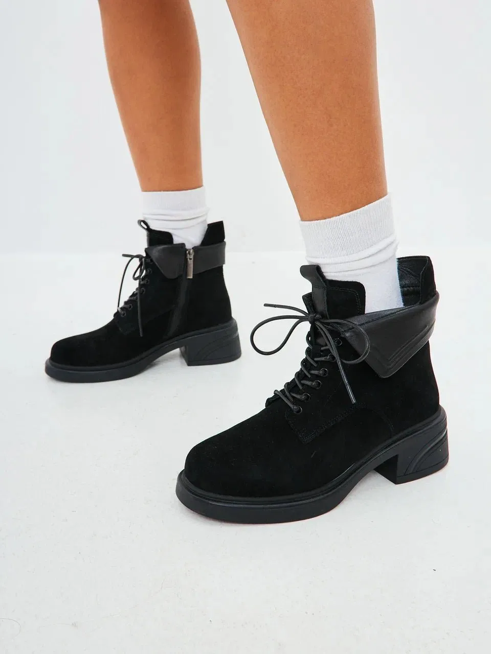 Stylish Block Heel Ankle Boots - Black Suede