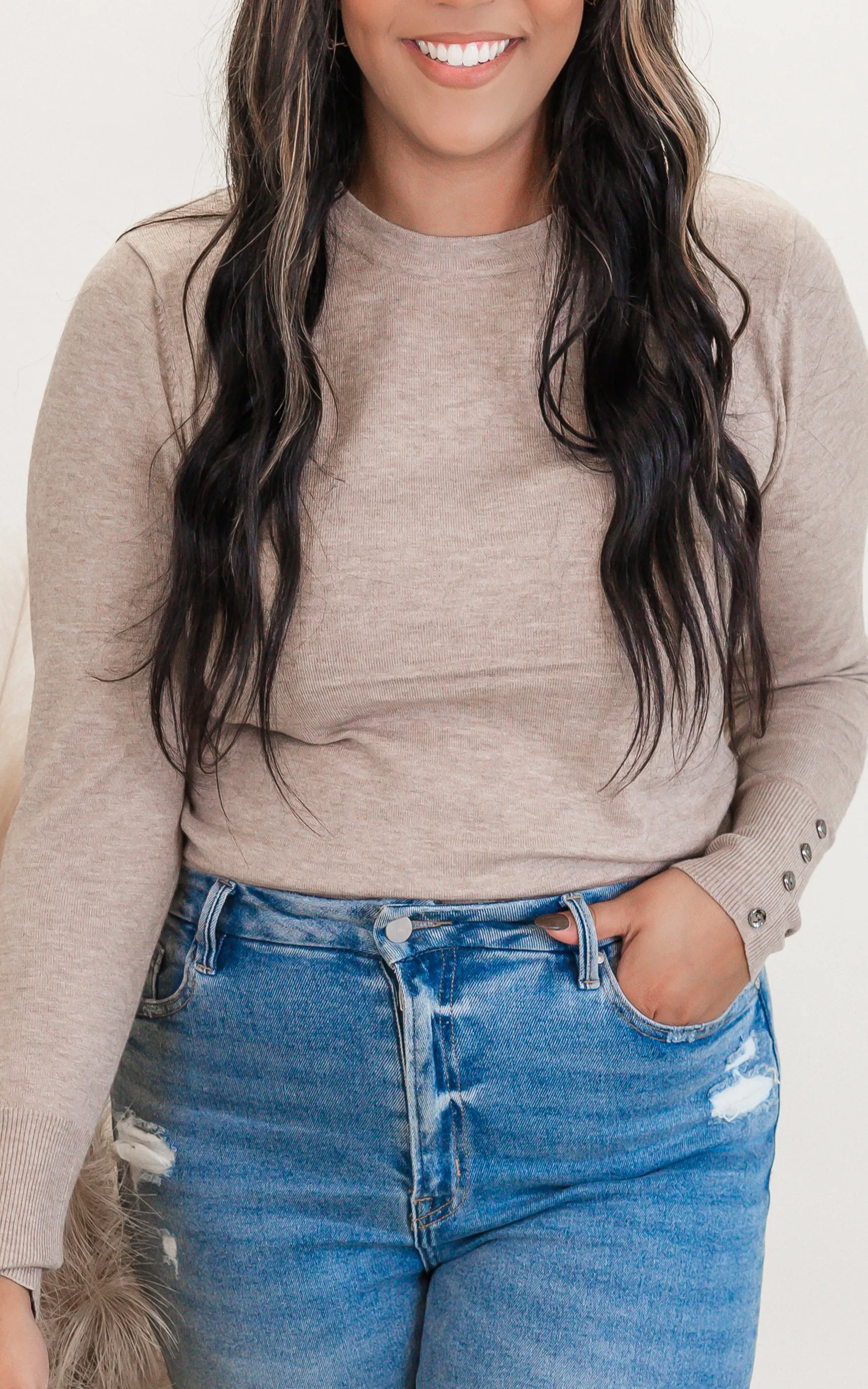 Super Soft Crewneck Top w/ Button Detail  Sweater