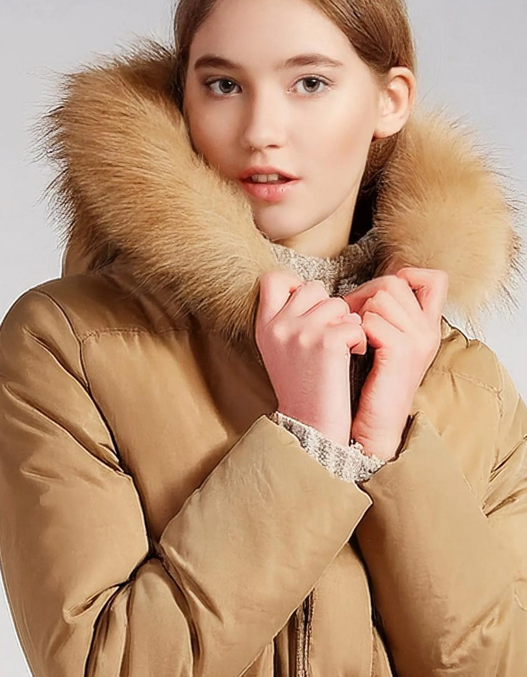 Tan Hooded Parka with Faux Fur Lining