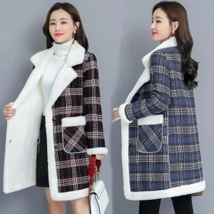 Winter Korean Plus velvet Thicken Women&#39;s Jacket Warm Loose Plaid Long Outerwear Faux Lamb velvet Coats Large size Female Parkas