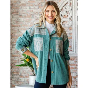 Women's Teal Corduroy Aztec Shacket