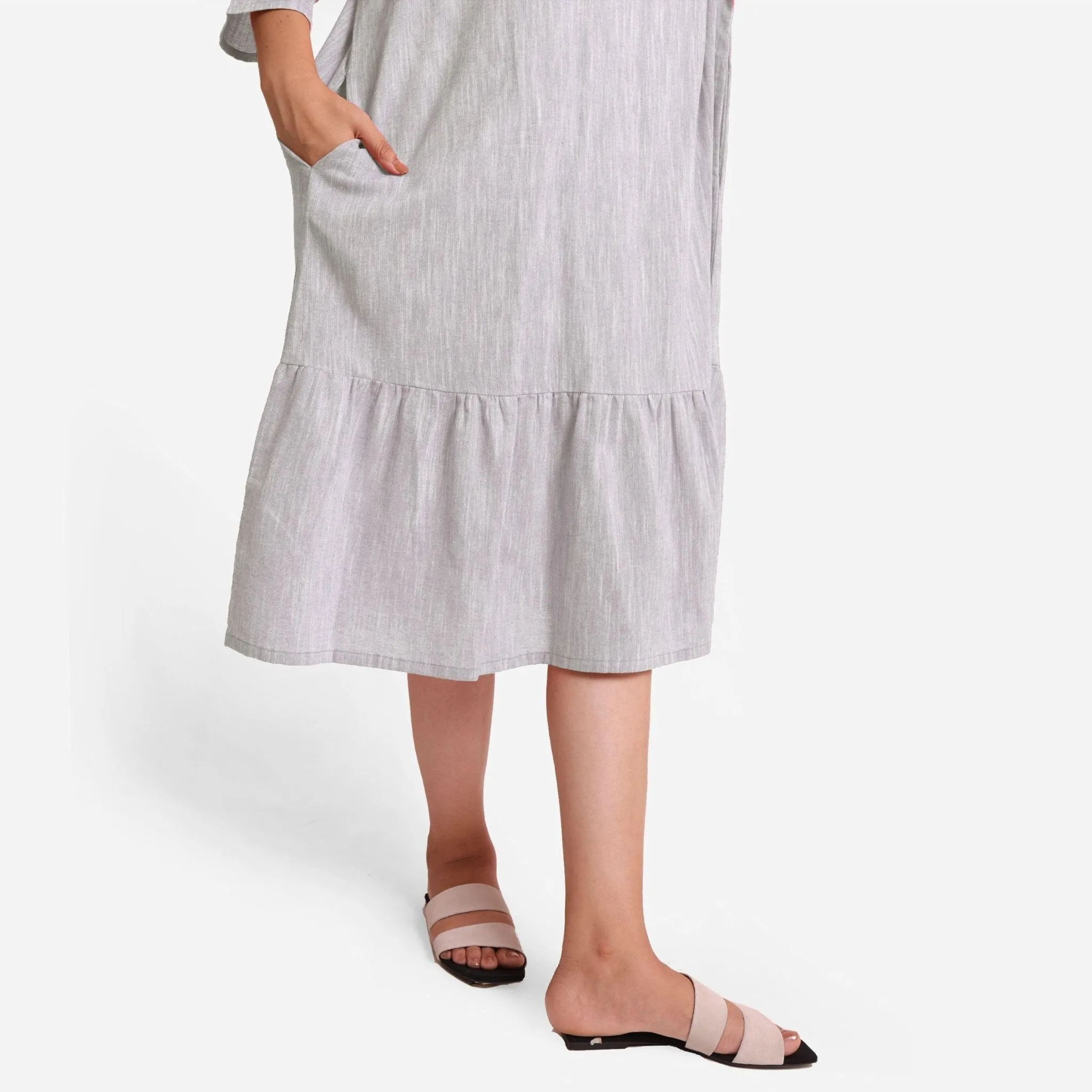 Yarn Dyed Cotton Grey Boat Neck Midi Tier Dress