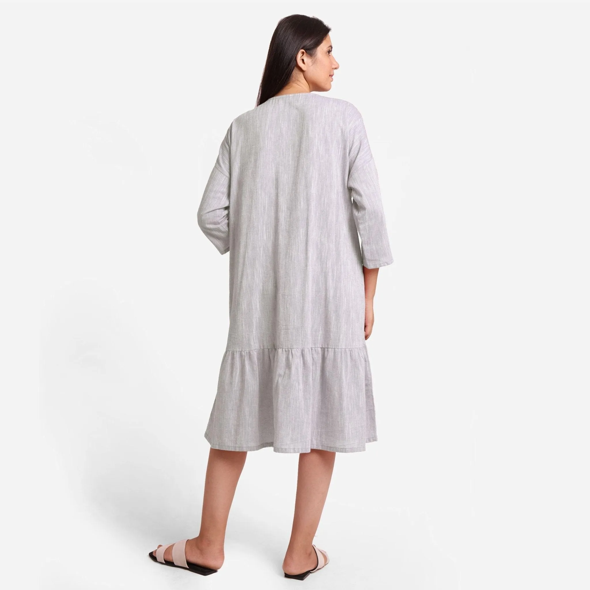 Yarn Dyed Cotton Grey Boat Neck Midi Tier Dress