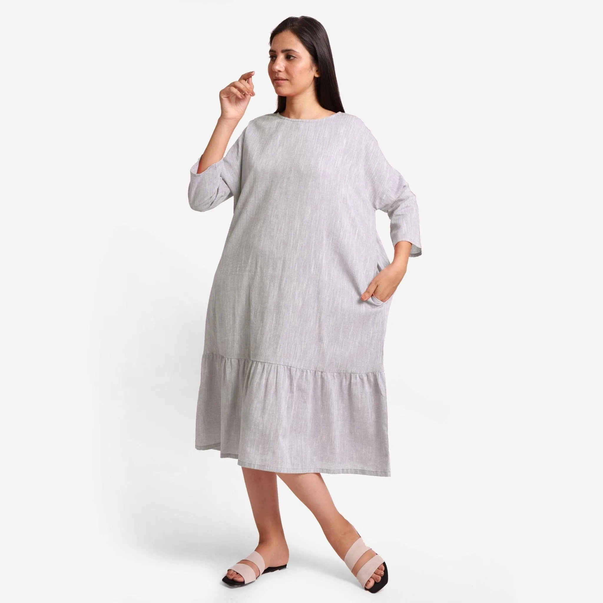 Yarn Dyed Cotton Grey Boat Neck Midi Tier Dress