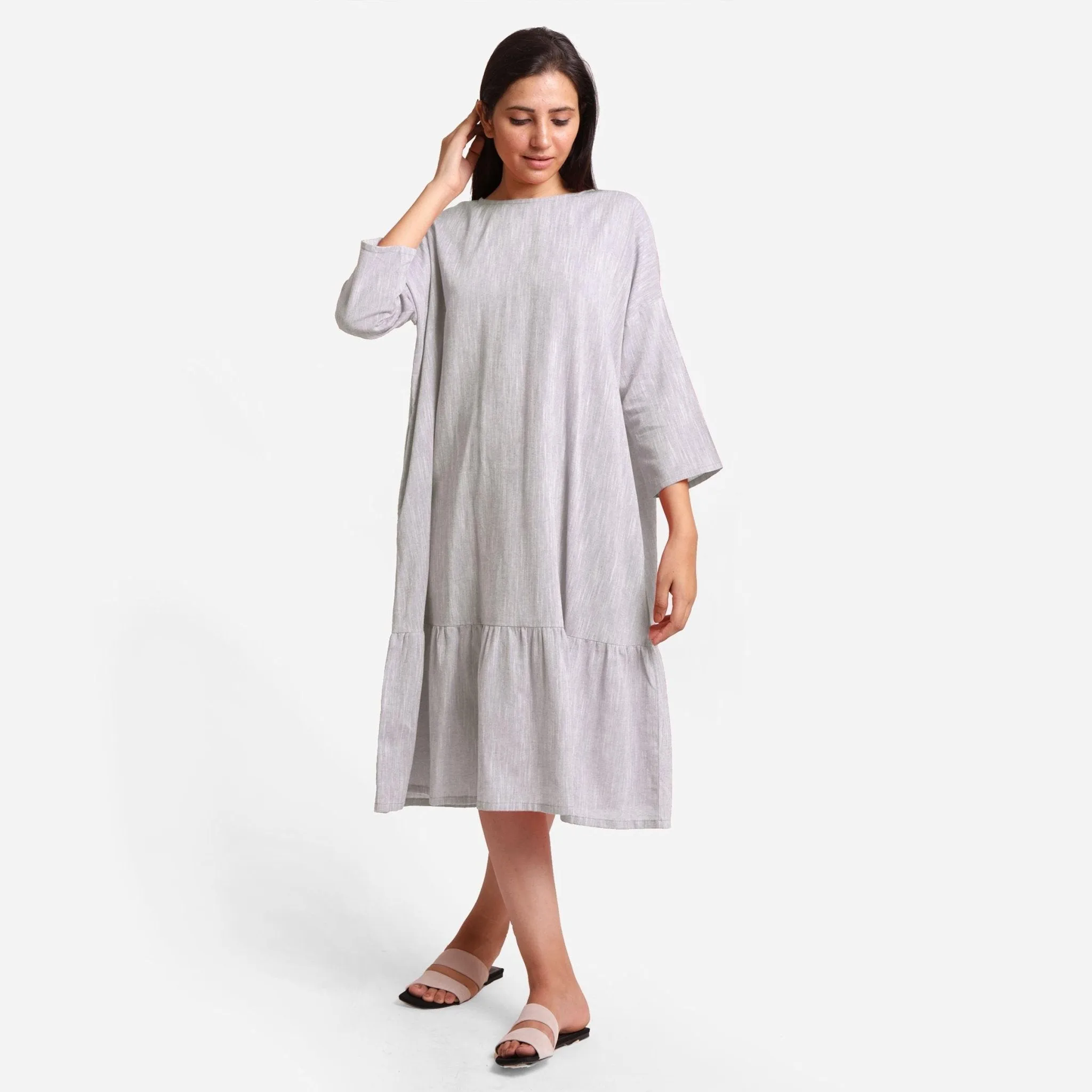 Yarn Dyed Cotton Grey Boat Neck Midi Tier Dress