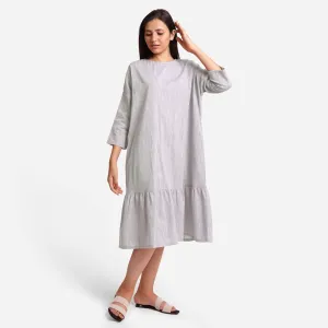 Yarn Dyed Cotton Grey Boat Neck Midi Tier Dress